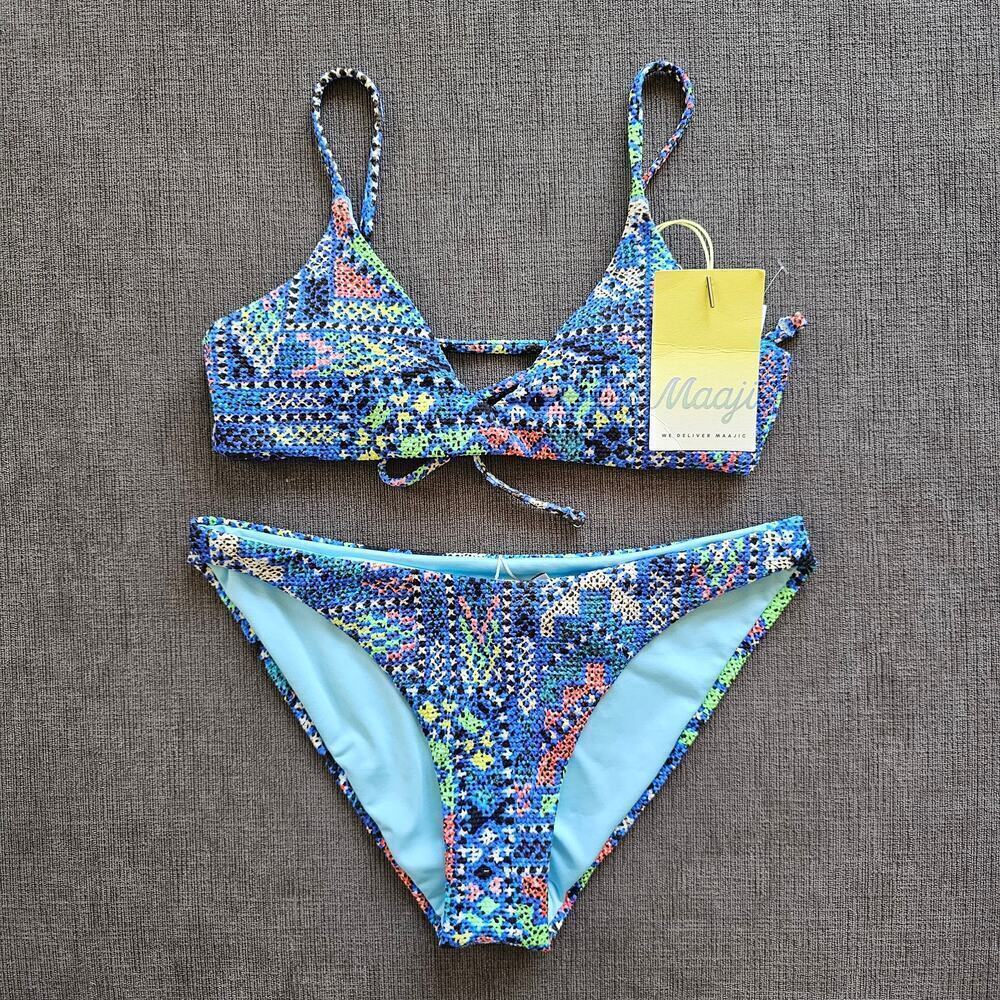 NWT Maaji Women's Blue Colorblock Reversible Bikini Top & Bottom Size Small